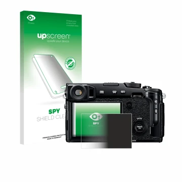 Face avant d’un emballage produit avec le logo de la marque upscreen. À côté, l’appareil Fujifilm X-Pro2 est représenté avec l