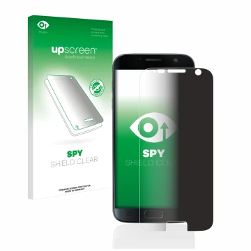 Face avant d’un emballage produit avec le logo de la marque upscreen. À côté, l’appareil Samsung Galaxy S7 est représenté avec