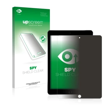Face avant d’un emballage produit avec le logo de la marque upscreen. À côté, l’appareil Apple iPad Pro 9.7