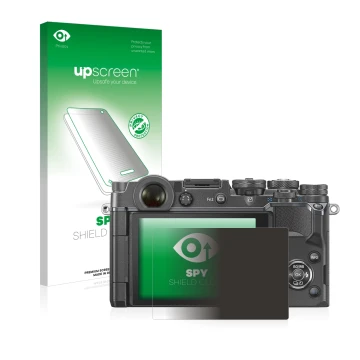 Face avant d’un emballage produit avec le logo de la marque upscreen. À côté, l’appareil Olympus PEN-F est représenté avec la 