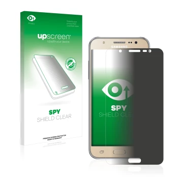 Face avant d’un emballage produit avec le logo de la marque upscreen. À côté, l’appareil Samsung Galaxy J7 2016 est représenté