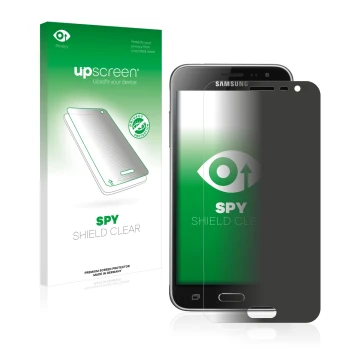 Face avant d’un emballage produit avec le logo de la marque upscreen. À côté, l’appareil Samsung Galaxy J3 Duos 2016 est repré