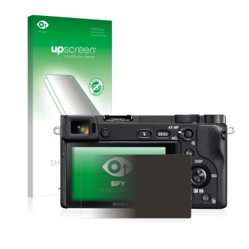 Face avant d’un emballage produit avec le logo de la marque upscreen. À côté, l’appareil Sony Alpha 6300 est représenté avec l