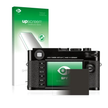 Face avant d’un emballage produit avec le logo de la marque upscreen. À côté, l’appareil Leica M (Typ 262) est représenté avec
