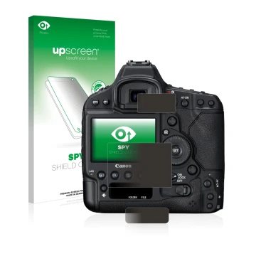 Face avant d’un emballage produit avec le logo de la marque upscreen. À côté, l’appareil Canon EOS 1D X Mark II est représenté