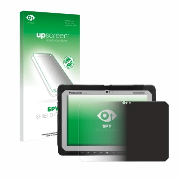 Face avant d’un emballage produit avec le logo de la marque upscreen. À côté, l’appareil Panasonic Toughbook CF-20 MK1 est rep