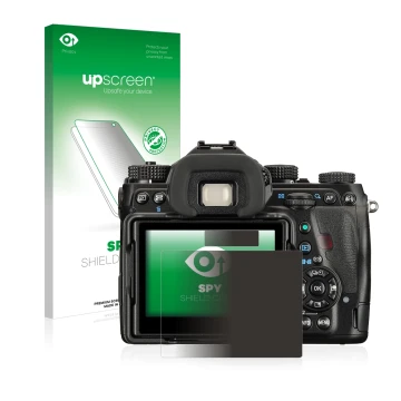 Face avant d’un emballage produit avec le logo de la marque upscreen. À côté, l’appareil Pentax K-1 est représenté avec la pro