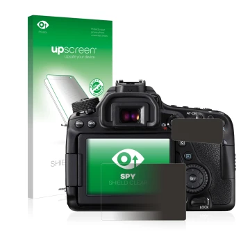 Face avant d’un emballage produit avec le logo de la marque upscreen. À côté, l’appareil Canon EOS 80D est représenté avec la 