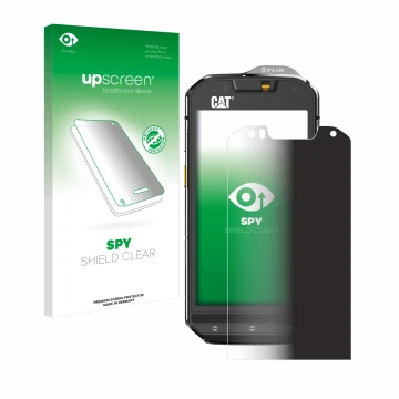 Face avant d’un emballage produit avec le logo de la marque upscreen. À côté, l’appareil Caterpillar Cat S60 est représenté av