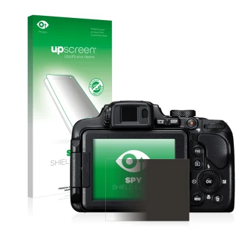 Face avant d’un emballage produit avec le logo de la marque upscreen. À côté, l’appareil Nikon Coolpix B700 est représenté ave