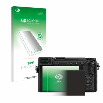 Face avant d’un emballage produit avec le logo de la marque upscreen. À côté, l’appareil Panasonic Lumix DMC-GX80 est représen
