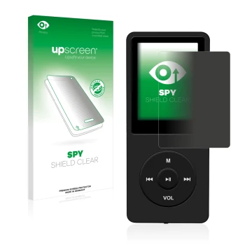 Face avant d’un emballage produit avec le logo de la marque upscreen. À côté, l’appareil AGPtek 8GB MP3-Player est représenté 