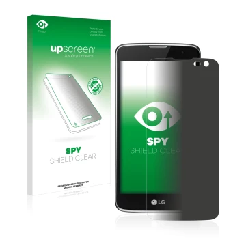 Face avant d’un emballage produit avec le logo de la marque upscreen. À côté, l’appareil LG K7 (caméra à droite uniquement) es