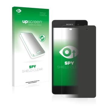 Face avant d’un emballage produit avec le logo de la marque upscreen. À côté, l’appareil Sony Xperia E5 est représenté avec la