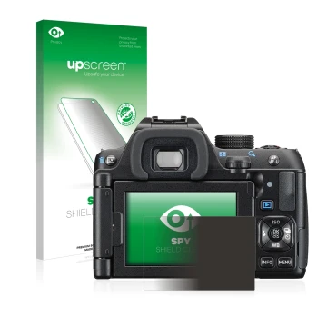Face avant d’un emballage produit avec le logo de la marque upscreen. À côté, l’appareil Pentax K-70 est représenté avec la pr