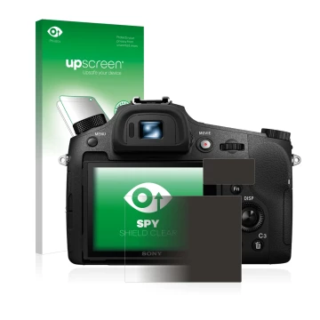 Face avant d’un emballage produit avec le logo de la marque upscreen. À côté, l’appareil Sony Cyber-Shot DSC-RX10 III est repr