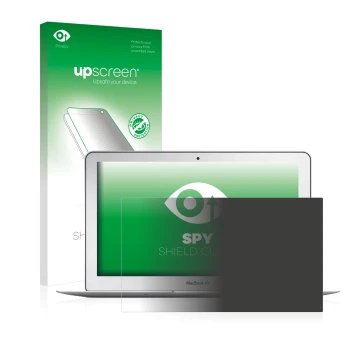 Face avant d’un emballage produit avec le logo de la marque upscreen. À côté, l’appareil Apple MacBook Air 11