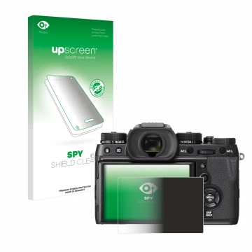 Face avant d’un emballage produit avec le logo de la marque upscreen. À côté, l’appareil Fujifilm X-T2 est représenté avec la 