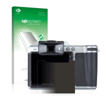 Face avant d’un emballage produit avec le logo de la marque upscreen. À côté, l’appareil Hasselblad X1D-50c est représenté ave