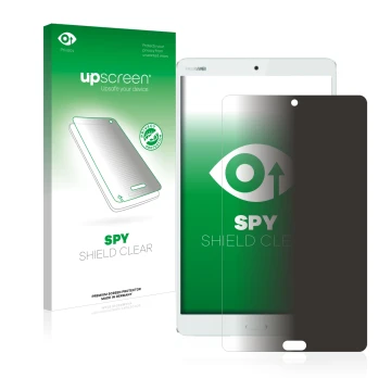 Face avant d’un emballage produit avec le logo de la marque upscreen. À côté, l’appareil Huawei MediaPad M3 8.4 est représenté
