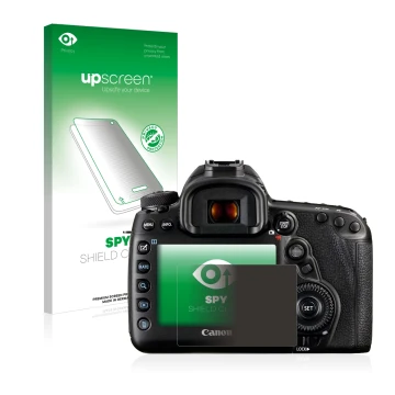 Face avant d’un emballage produit avec le logo de la marque upscreen. À côté, l’appareil Canon EOS 5D Mark IV est représenté a