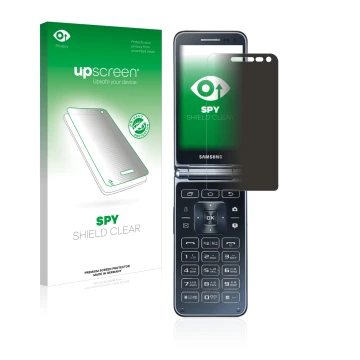 Face avant d’un emballage produit avec le logo de la marque upscreen. À côté, l’appareil Samsung Galaxy Folder 2 est représent
