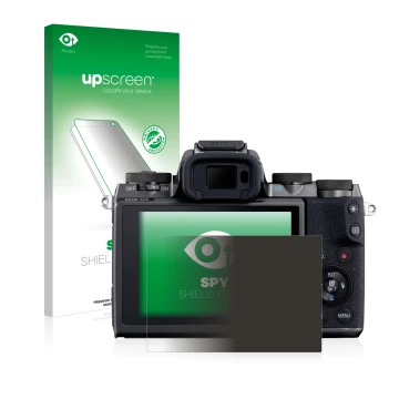 Face avant d’un emballage produit avec le logo de la marque upscreen. À côté, l’appareil Canon EOS M5 est représenté avec la p