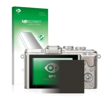 Face avant d’un emballage produit avec le logo de la marque upscreen. À côté, l’appareil Olympus PEN E-PL8 est représenté avec