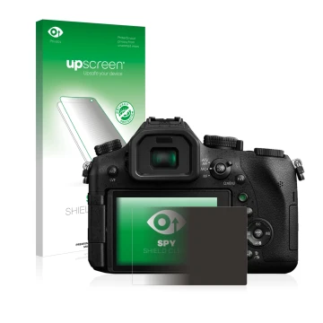Face avant d’un emballage produit avec le logo de la marque upscreen. À côté, l’appareil Panasonic Lumix DMC-FZ2000 est représ