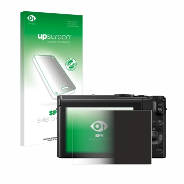 Face avant d’un emballage produit avec le logo de la marque upscreen. À côté, l’appareil Panasonic Lumix DMC-LX15 est représen