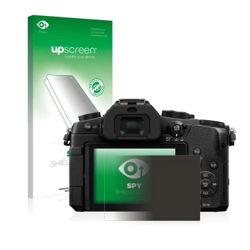 Face avant d’un emballage produit avec le logo de la marque upscreen. À côté, l’appareil Panasonic Lumix DMC-G81 est représent