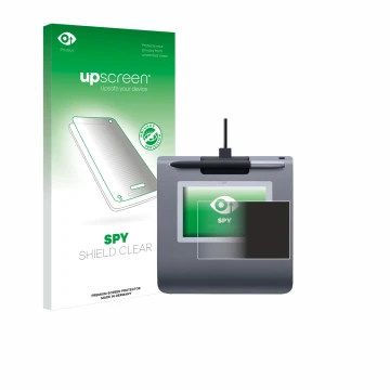 Face avant d’un emballage produit avec le logo de la marque upscreen. À côté, l’appareil Wacom STU-430 est représenté avec la 