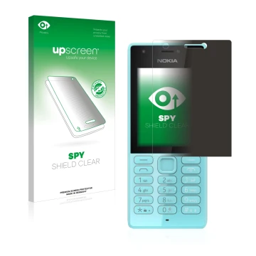 Face avant d’un emballage produit avec le logo de la marque upscreen. À côté, l’appareil Nokia 216 est représenté avec la prot