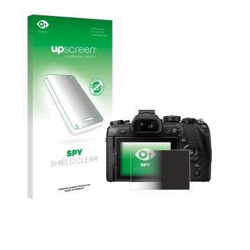 Face avant d’un emballage produit avec le logo de la marque upscreen. À côté, l’appareil Olympus OM-D E-M1 Mark II est représe