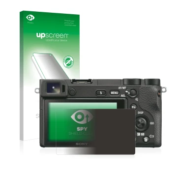 Face avant d’un emballage produit avec le logo de la marque upscreen. À côté, l’appareil Sony Alpha 6500 est représenté avec l