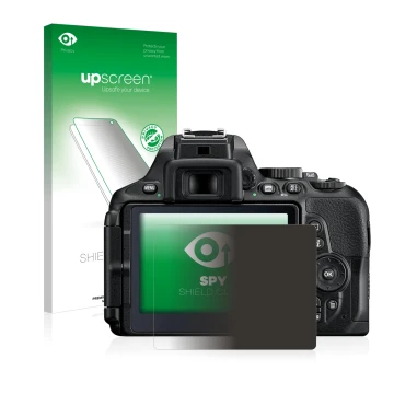 Face avant d’un emballage produit avec le logo de la marque upscreen. À côté, l’appareil Nikon D5600 est représenté avec la pr