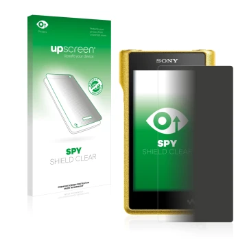Face avant d’un emballage produit avec le logo de la marque upscreen. À côté, l’appareil Sony Walkman NW-WM1A est représenté a