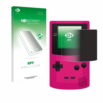 Face avant d’un emballage produit avec le logo de la marque upscreen. À côté, l’appareil Nintendo Gameboy Color est représenté