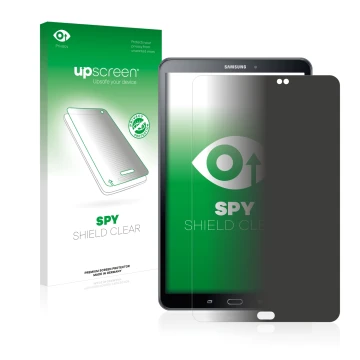 Face avant d’un emballage produit avec le logo de la marque upscreen. À côté, l’appareil Samsung Galaxy Tab A 10.1 2016 est re