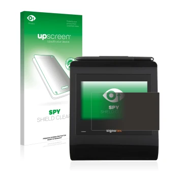 Face avant d’un emballage produit avec le logo de la marque upscreen. À côté, l’appareil Signotec Signature Pad Gamma est repr