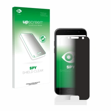 Face avant d’un emballage produit avec le logo de la marque upscreen. À côté, l’appareil Samsung Galaxy A3 2017 est représenté