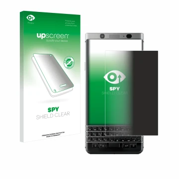 Face avant d’un emballage produit avec le logo de la marque upscreen. À côté, l’appareil BlackBerry Keyone est représenté avec