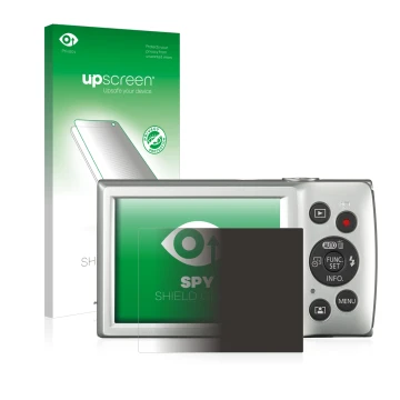Face avant d’un emballage produit avec le logo de la marque upscreen. À côté, l’appareil Canon Digital Ixus 185 est représenté