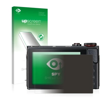 Face avant d’un emballage produit avec le logo de la marque upscreen. À côté, l’appareil Canon PowerShot G9 X Mark II est repr