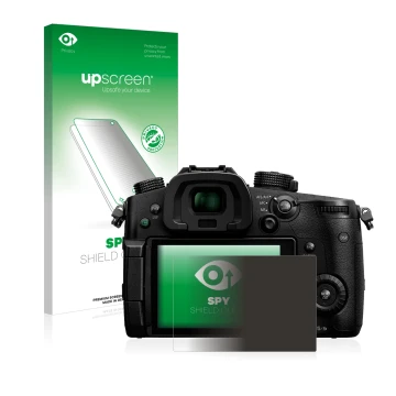 Face avant d’un emballage produit avec le logo de la marque upscreen. À côté, l’appareil Panasonic Lumix DC-GH5 est représenté