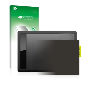 Face avant d’un emballage produit avec le logo de la marque upscreen. À côté, l’appareil Wacom One s CTL-471 est représenté av