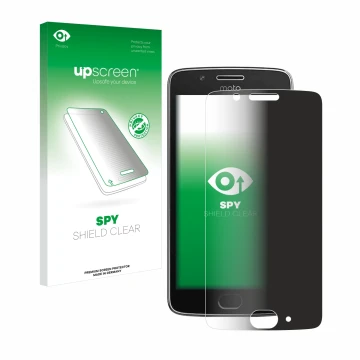 Face avant d’un emballage produit avec le logo de la marque upscreen. À côté, l’appareil Motorola Moto G5 est représenté avec 