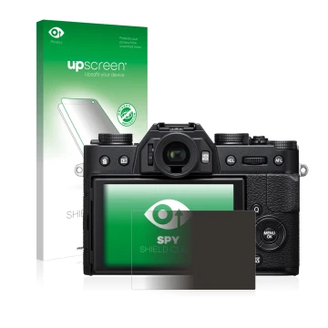 Face avant d’un emballage produit avec le logo de la marque upscreen. À côté, l’appareil Fujifilm X-T20 est représenté avec la