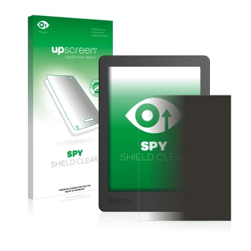 Face avant d’un emballage produit avec le logo de la marque upscreen. À côté, l’appareil Kobo Aura Edition 2 est représenté av