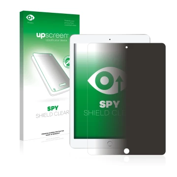 Face avant d’un emballage produit avec le logo de la marque upscreen. À côté, l’appareil Apple iPad 9.7 2017 (5ème Gen.) est r